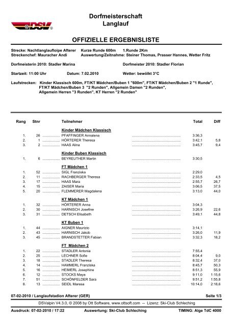 Ergebnisse Dorfmeisterschaft 2010 - Skiclub Schleching