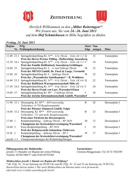 Zeiteinteilung Milter Reitertage - Reitverein Milte-Sassenberg