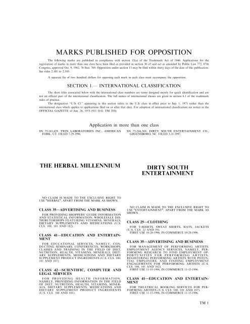 marks published for opposition - U.S. Patent and Trademark Office