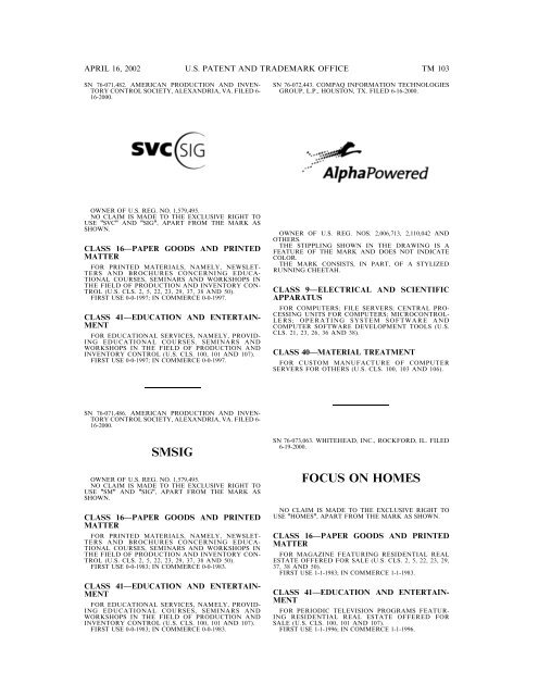 marks published for opposition - U.S. Patent and Trademark Office