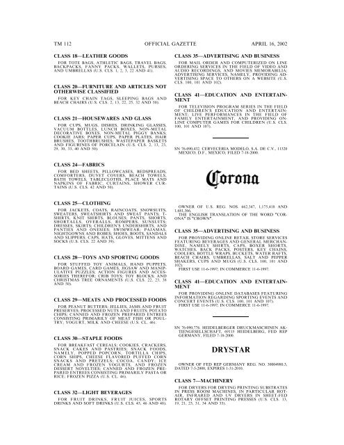 marks published for opposition - U.S. Patent and Trademark Office