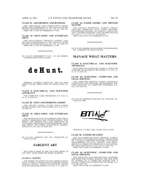 marks published for opposition - U.S. Patent and Trademark Office