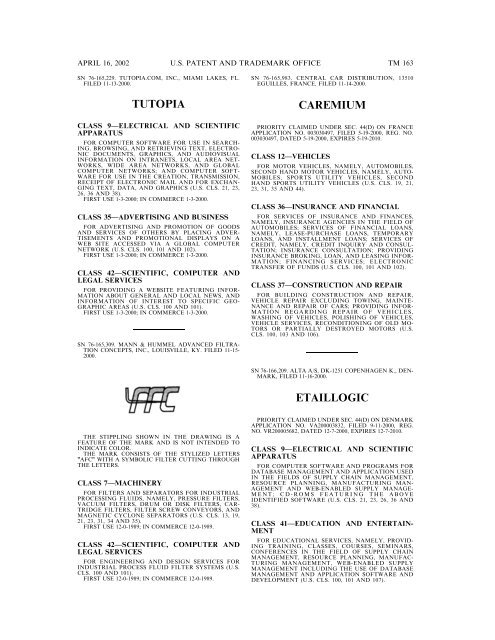 marks published for opposition - U.S. Patent and Trademark Office