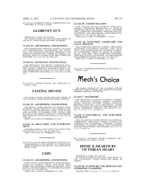 marks published for opposition - U.S. Patent and Trademark Office