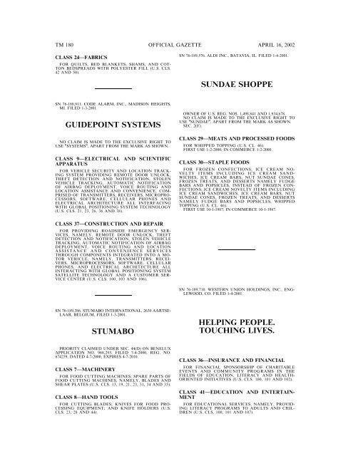 marks published for opposition - U.S. Patent and Trademark Office