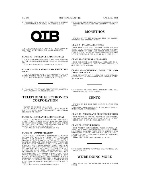 marks published for opposition - U.S. Patent and Trademark Office