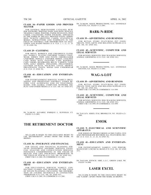 marks published for opposition - U.S. Patent and Trademark Office