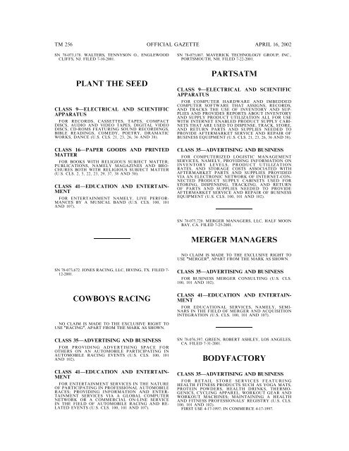 marks published for opposition - U.S. Patent and Trademark Office