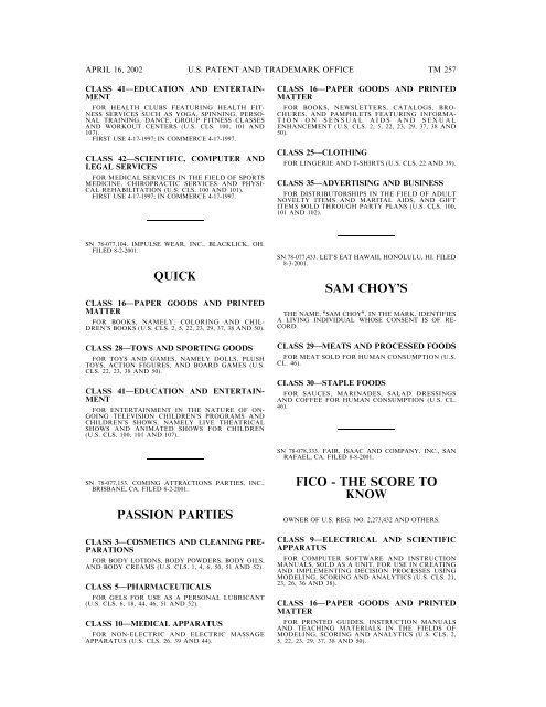 marks published for opposition - U.S. Patent and Trademark Office