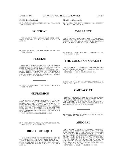 marks published for opposition - U.S. Patent and Trademark Office