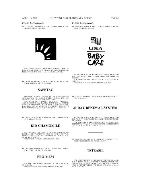 marks published for opposition - U.S. Patent and Trademark Office