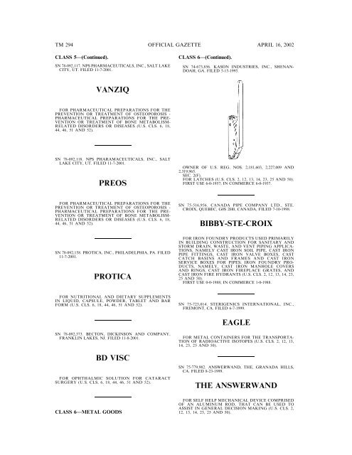 marks published for opposition - U.S. Patent and Trademark Office