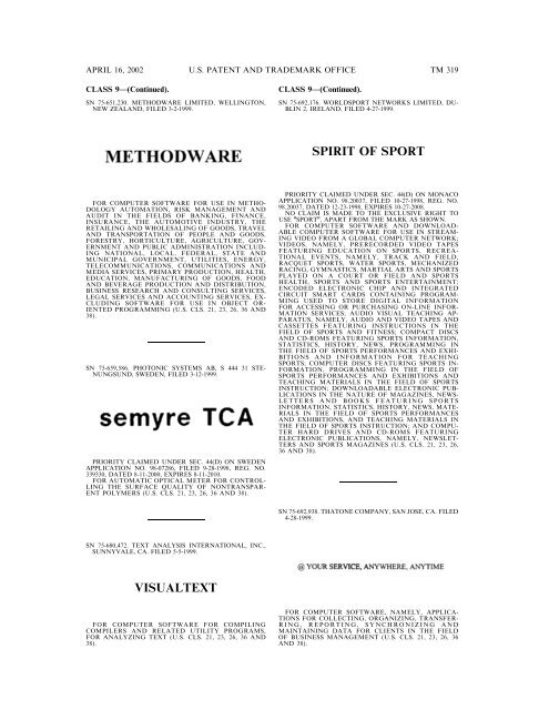 marks published for opposition - U.S. Patent and Trademark Office