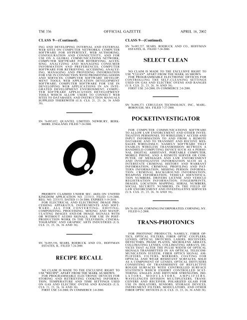 marks published for opposition - U.S. Patent and Trademark Office