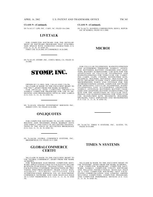 marks published for opposition - U.S. Patent and Trademark Office