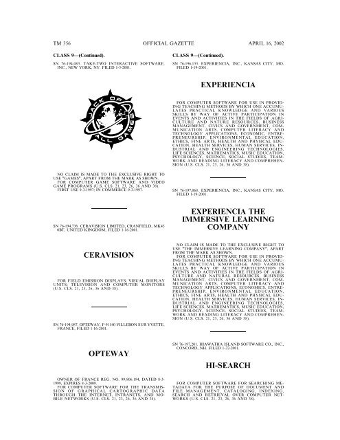 marks published for opposition - U.S. Patent and Trademark Office