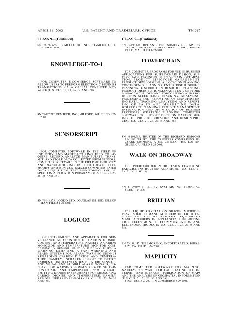 marks published for opposition - U.S. Patent and Trademark Office