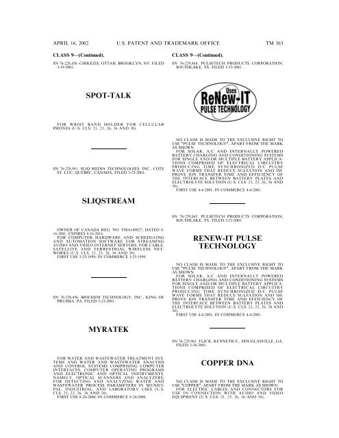 marks published for opposition - U.S. Patent and Trademark Office