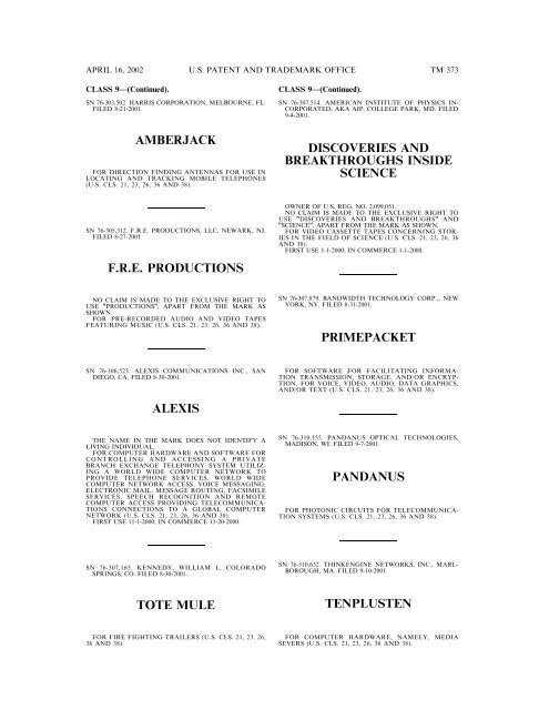 marks published for opposition - U.S. Patent and Trademark Office