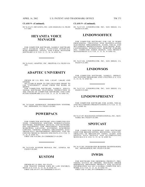 marks published for opposition - U.S. Patent and Trademark Office