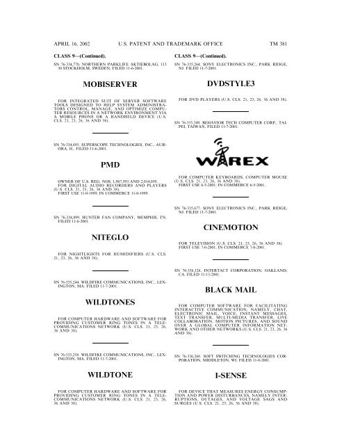 marks published for opposition - U.S. Patent and Trademark Office