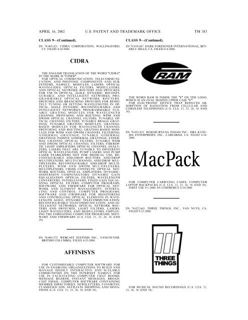 marks published for opposition - U.S. Patent and Trademark Office