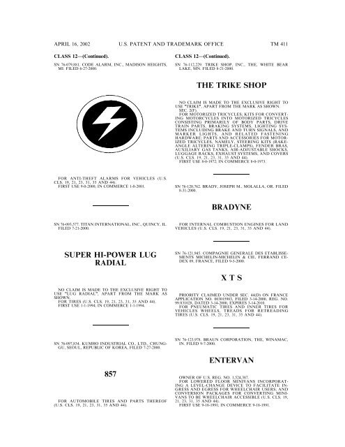 marks published for opposition - U.S. Patent and Trademark Office