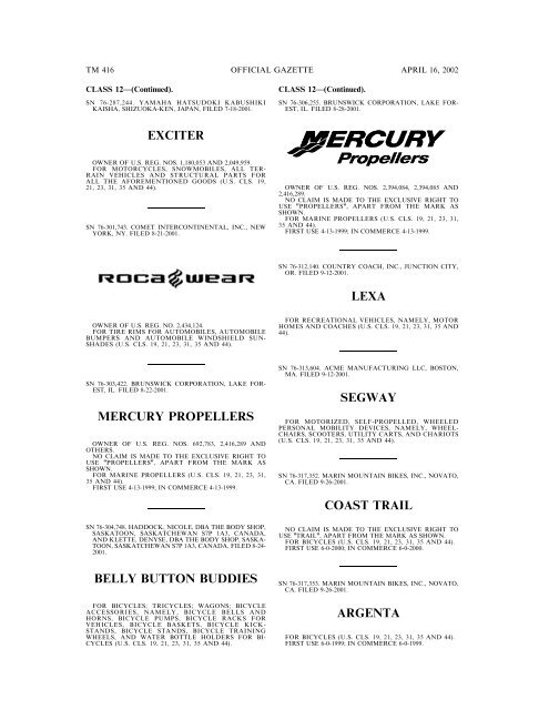 marks published for opposition - U.S. Patent and Trademark Office