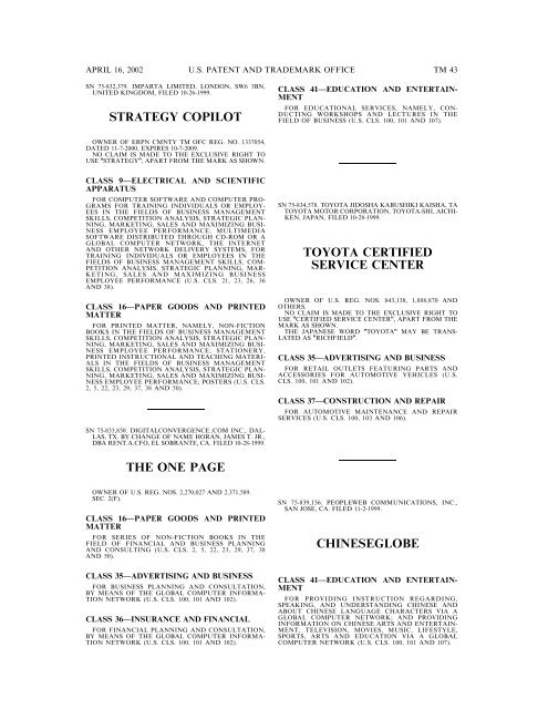 marks published for opposition - U.S. Patent and Trademark Office