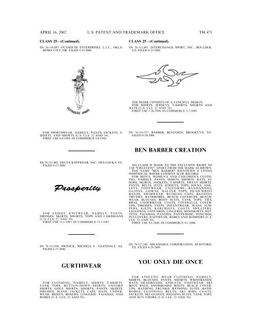 marks published for opposition - U.S. Patent and Trademark Office