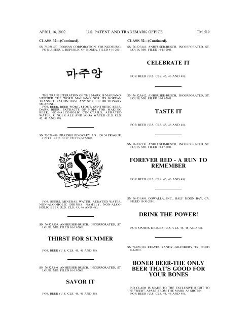 marks published for opposition - U.S. Patent and Trademark Office