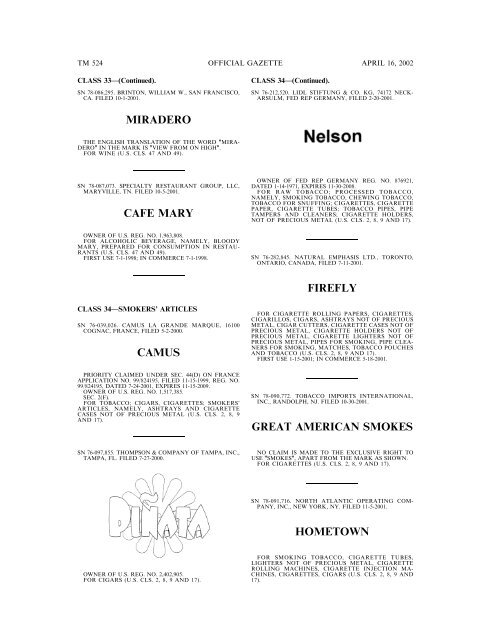 marks published for opposition - U.S. Patent and Trademark Office