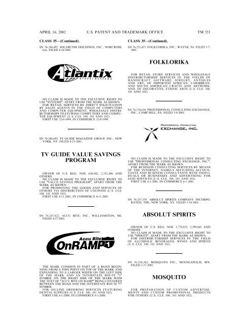 marks published for opposition - U.S. Patent and Trademark Office