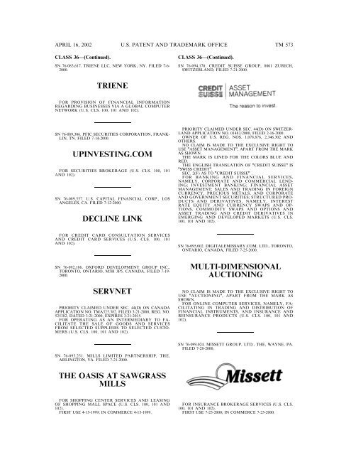 marks published for opposition - U.S. Patent and Trademark Office