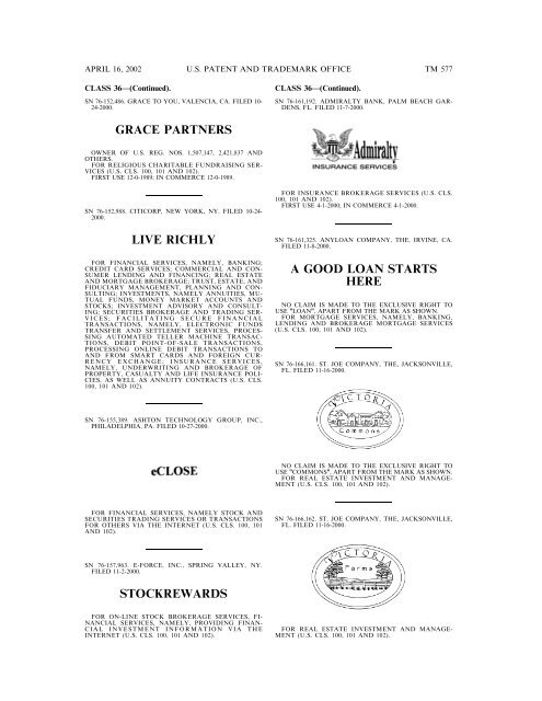 marks published for opposition - U.S. Patent and Trademark Office