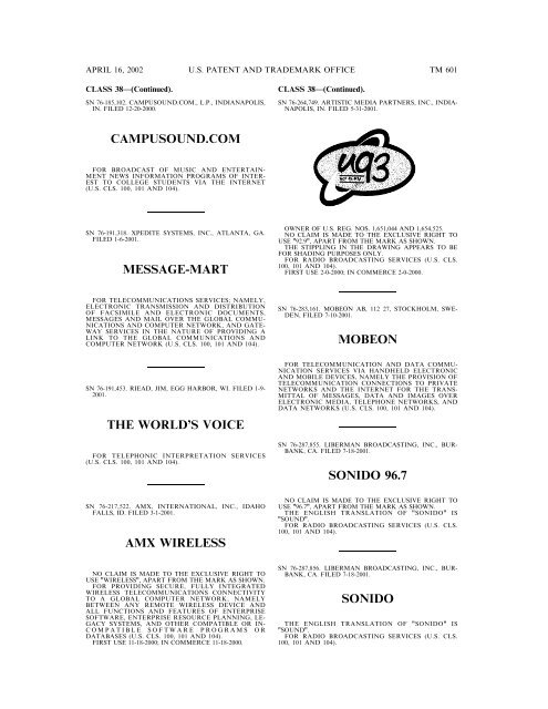 marks published for opposition - U.S. Patent and Trademark Office