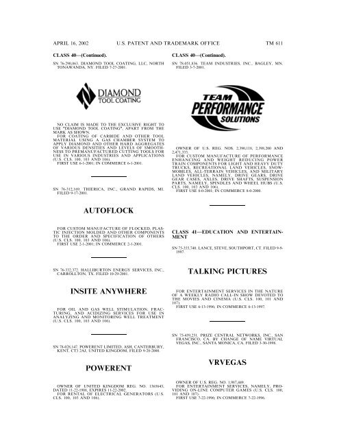 marks published for opposition - U.S. Patent and Trademark Office