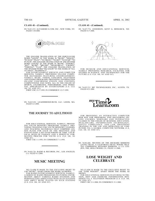 marks published for opposition - U.S. Patent and Trademark Office