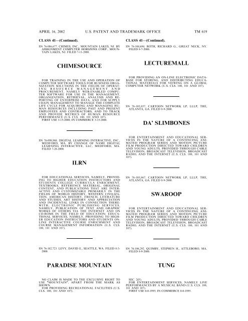 marks published for opposition - U.S. Patent and Trademark Office