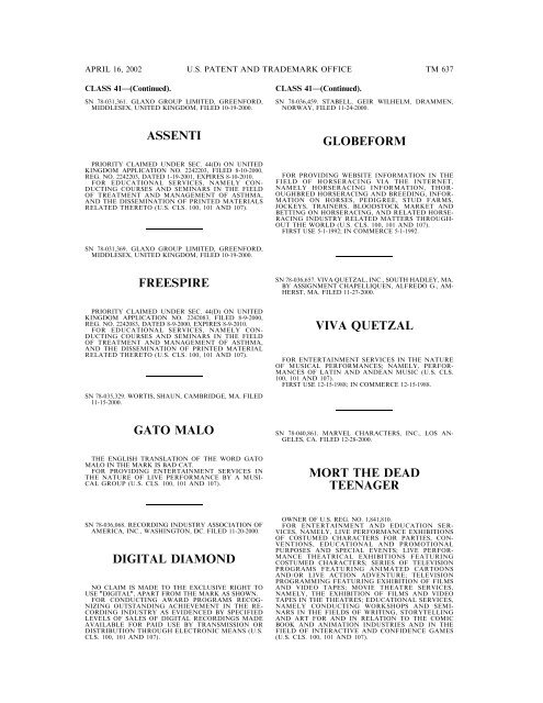 marks published for opposition - U.S. Patent and Trademark Office