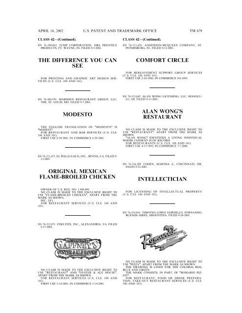 marks published for opposition - U.S. Patent and Trademark Office