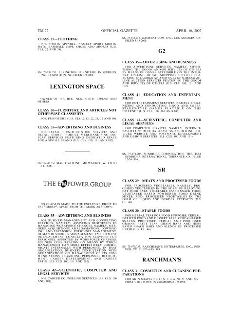 marks published for opposition - U.S. Patent and Trademark Office