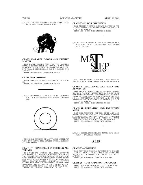 marks published for opposition - U.S. Patent and Trademark Office