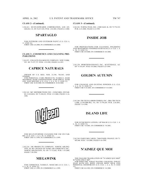 marks published for opposition - U.S. Patent and Trademark Office