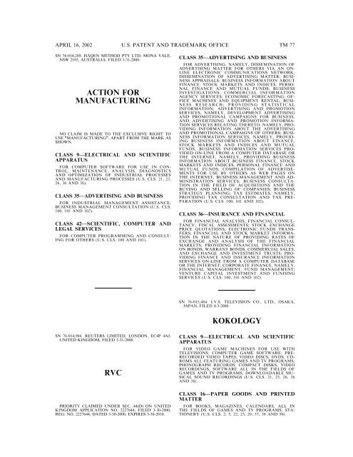 marks published for opposition - U.S. Patent and Trademark Office