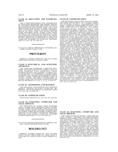 marks published for opposition - U.S. Patent and Trademark Office