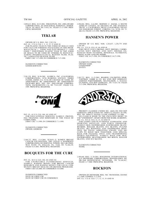 marks published for opposition - U.S. Patent and Trademark Office