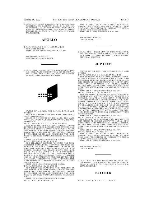 marks published for opposition - U.S. Patent and Trademark Office