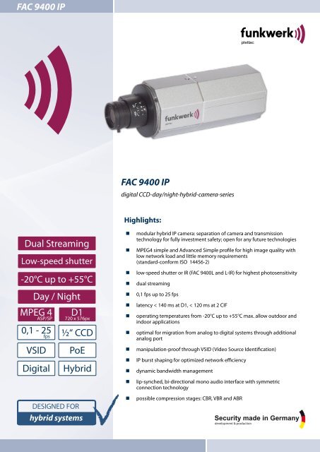 FAC 9400 IP ½“ CCD Day / Night Digital PoE VSID -20°C up to +55 ...