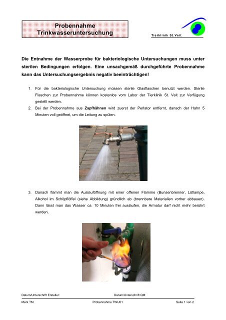 Probennahme Trinkwasseruntersuchung - Tierklinik St. Veit